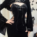 Long Dress Suit With Hat See Through Velvet Lace Cutout High Slit Long Sleeve Button Lace-up Party Dress