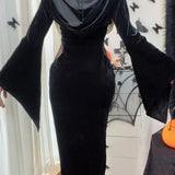 Long Dress Suit With Hat See Through Velvet Lace Cutout High Slit Long Sleeve Button Lace-up Party Dress
