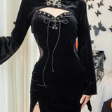 Long Dress Suit With Hat See Through Velvet Lace Cutout High Slit Long Sleeve Button Lace-up Party Dress