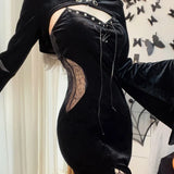 Long Dress Suit With Hat See Through Velvet Lace Cutout High Slit Long Sleeve Button Lace-up Party Dress