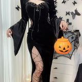 Long Dress Suit With Hat See Through Velvet Lace Cutout High Slit Long Sleeve Button Lace-up Party Dress
