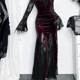 Gothic Long Sleeve Lace Ruched Fishtail Bodycon Mermaid Cocktail Maxi Dress