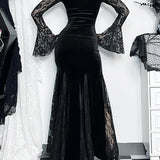 Gothic Long Sleeve Lace Ruched Fishtail Bodycon Mermaid Cocktail Maxi Dress