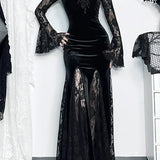 Gothic Long Sleeve Lace Ruched Fishtail Bodycon Mermaid Cocktail Maxi Dress