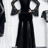 Gothic Long Sleeve Lace Ruched Fishtail Bodycon Mermaid Cocktail Maxi Dress