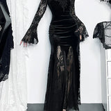 Gothic Long Sleeve Lace Ruched Fishtail Bodycon Mermaid Cocktail Maxi Dress