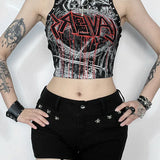 Gothic Retro Rivet Print Graphic Crop Top