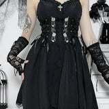 Gothic Sexy Black V Neck Lace Up Y2K Grunge Punk High Waist Lace Trim Party Dress