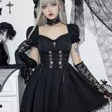 Gothic Sexy Black V Neck Lace Up Y2K Grunge Punk High Waist Lace Trim Party Dress
