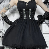 Gothic Sexy Black V Neck Lace Up Y2K Grunge Punk High Waist Lace Trim Party Dress