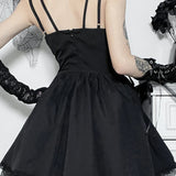 Gothic Sexy Black V Neck Lace Up Y2K Grunge Punk High Waist Lace Trim Party Dress