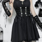 Gothic Sexy Black V Neck Lace Up Y2K Grunge Punk High Waist Lace Trim Party Dress