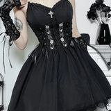 Gothic Sexy Black V Neck Lace Up Y2K Grunge Punk High Waist Lace Trim Party Dress