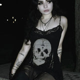 Skull Print Club Party Cami Mini Harajuku Emo Grunge Punk Backless Lace Trim Dress