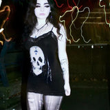 Skull Print Club Party Cami Mini Harajuku Emo Grunge Punk Backless Lace Trim Dress