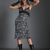 Spider Web Print Lace Trim Sexy Hollow Out V Neck Chest Wrapping Bodycon Dress