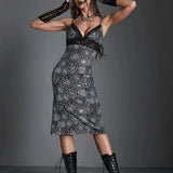 Spider Web Print Lace Trim Sexy Hollow Out V Neck Chest Wrapping Bodycon Dress