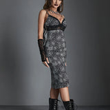 Spider Web Print Lace Trim Sexy Hollow Out V Neck Chest Wrapping Bodycon Dress