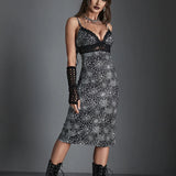 Spider Web Print Lace Trim Sexy Hollow Out V Neck Chest Wrapping Bodycon Dress