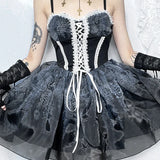 Gothic Spliced Printed Suspender Corset A Line Vintage Sexy Kawaii Mini Dress