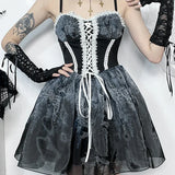 Gothic Spliced Printed Suspender Corset A Line Vintage Sexy Kawaii Mini Dress