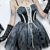 Gothic Spliced Printed Suspender Corset A Line Vintage Sexy Kawaii Mini Dress