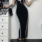 Gothic Square Neck Tank Sexy Sleeveless High Waist White Embroidery Bodycon Dress