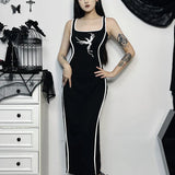 Gothic Square Neck Tank Sexy Sleeveless High Waist White Embroidery Bodycon Dress