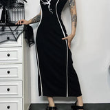 Gothic Square Neck Tank Sexy Sleeveless High Waist White Embroidery Bodycon Dress