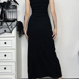 Gothic Square Neck Tank Sexy Sleeveless High Waist White Embroidery Bodycon Dress