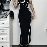 Gothic Square Neck Tank Sexy Sleeveless High Waist White Embroidery Bodycon Dress