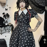 Gothic Turn Down Collar A-Line Punk Print Short Sleeve Swing Cloak Bodycon Dress