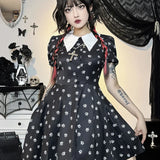 Gothic Turn Down Collar A-Line Punk Print Short Sleeve Swing Cloak Bodycon Dress