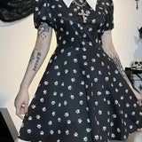 Gothic Turn Down Collar A-Line Punk Print Short Sleeve Swing Cloak Bodycon Dress