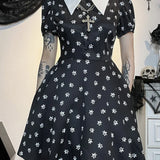 Gothic Turn Down Collar A-Line Punk Print Short Sleeve Swing Cloak Bodycon Dress