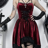 Gothic Velvet Vintage Spaghetti Strap Lace Up Romantic Casual Fashion Dress