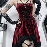 Gothic Velvet Vintage Spaghetti Strap Lace Up Romantic Casual Fashion Dress