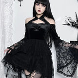 Gothic Vintage Off Shoulder Lace Cocktail Party Velvet Mesh Long Sleeves Halloween Cosplay Dress