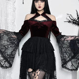 Gothic Vintage Off Shoulder Lace Cocktail Party Velvet Mesh Long Sleeves Halloween Cosplay Dress