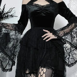 Gothic Vintage Off Shoulder Lace Cocktail Party Velvet Mesh Long Sleeves Halloween Cosplay Dress