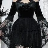 Gothic Vintage Off Shoulder Lace Cocktail Party Velvet Mesh Long Sleeves Halloween Cosplay Dress