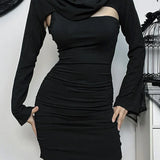 Wasteland Kitten Hollow Out Long Sleeve Folds Bodycon Dress