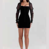 Gothic Wooden Ear Edge Wrap Hip Mesh Long Sleeve Square Neck Ruched Bodycon Mini Dress