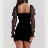 Gothic Wooden Ear Edge Wrap Hip Mesh Long Sleeve Square Neck Ruched Bodycon Mini Dress