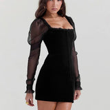 Gothic Wooden Ear Edge Wrap Hip Mesh Long Sleeve Square Neck Ruched Bodycon Mini Dress
