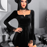 Y2K Harajuku High Waist A-Line Mini Punk Grunge Vintage Flare Sleeve Velvet Lolita Dress