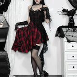 Gothic Y2K Irregular Red Plaid Lace Vintage Backless Patchwork Party Club Dress