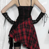 Gothic Y2K Irregular Red Plaid Lace Vintage Backless Patchwork Party Club Dress