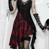 Gothic Y2K Irregular Red Plaid Lace Vintage Backless Patchwork Party Club Dress