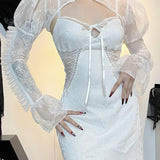 Lace Gothic Retro Mesh Flare Sleeve Witchy Bodycon Goth Cocktail Vintage Dress